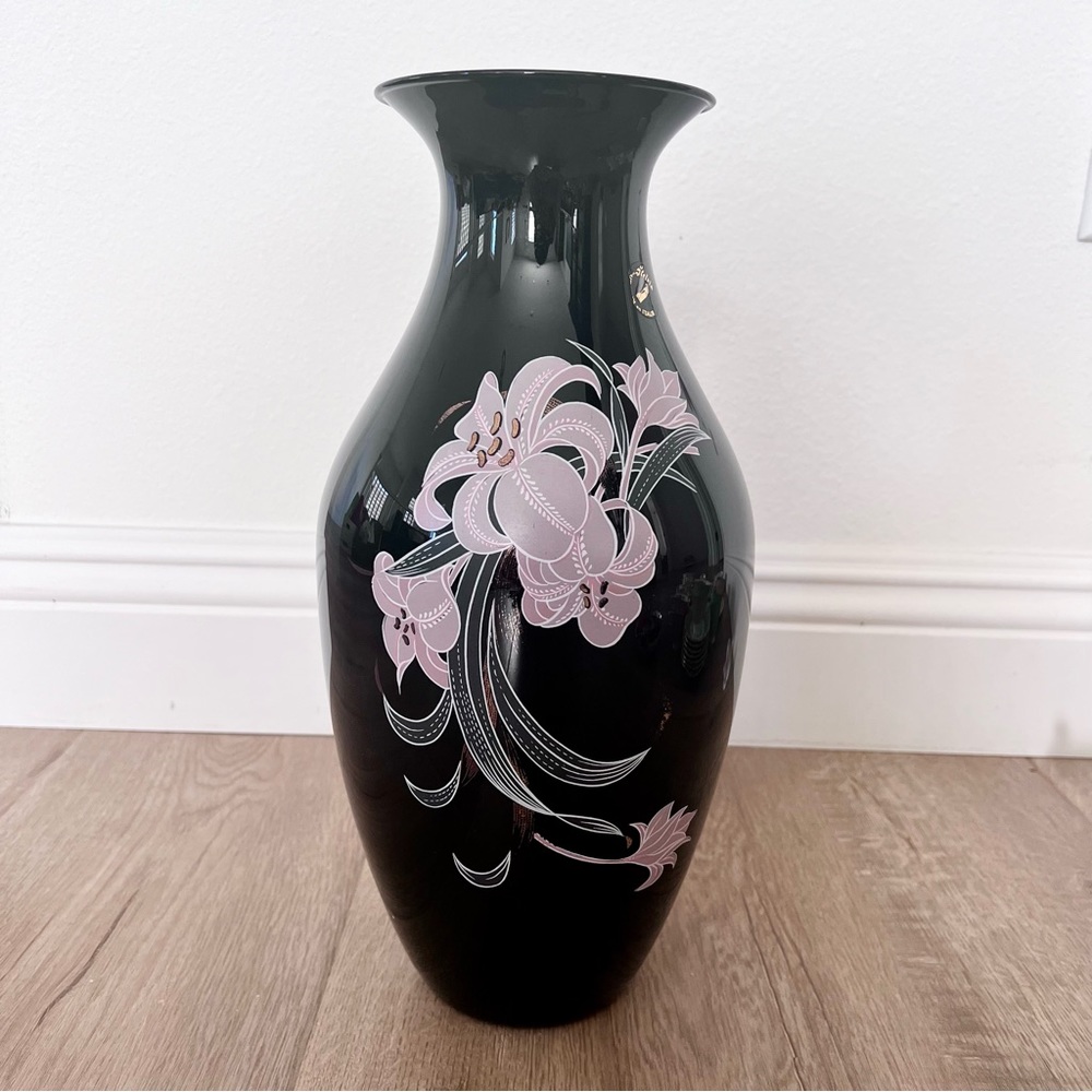 Vintage Italian STELVIA Black Blow Glass Hand Painted Pink Flowers Vase 14” Rare